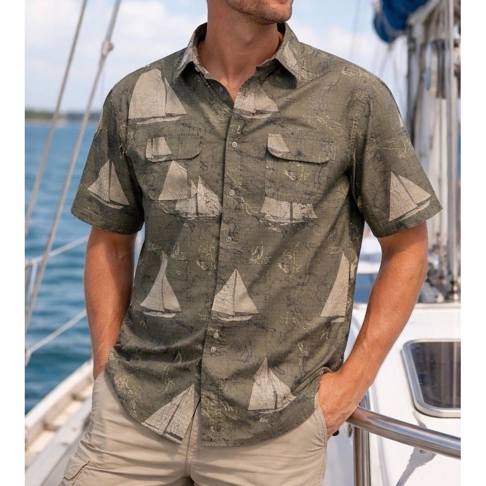 Chaps Nautical Sailboat Polo Men's L Coastal Summer Beachwear All Over Print Top